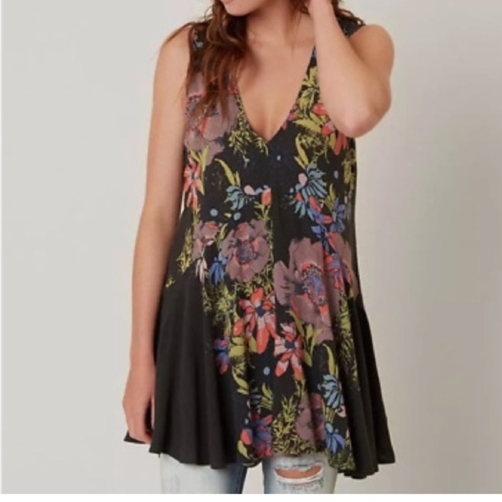 Free People Gray Floral Boho Backyard Tunic Tank Top Dress Medium